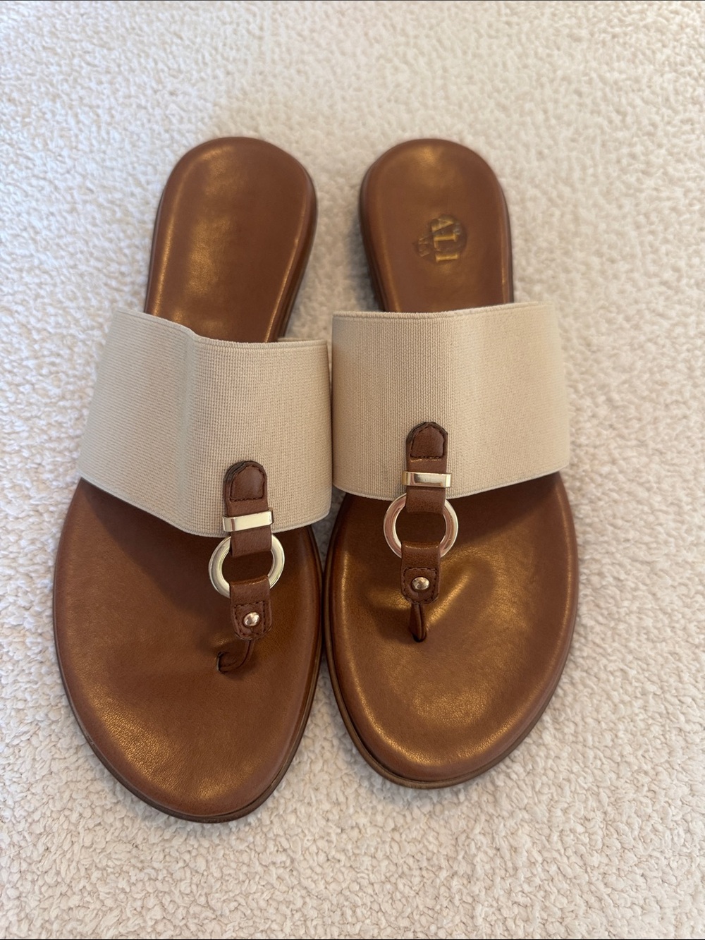Beige and Brown Wide-Band Leather Toe-Ring Sandals